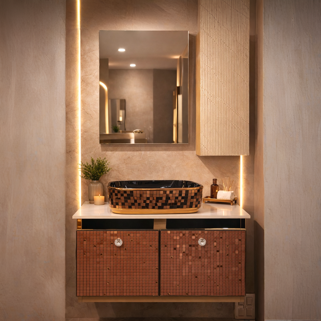 Rose Gold Finish with Mosaic Pattern Wall Mounted Stainless Steel Vanity SS304 (24x18.5 inch) "Complete Set"