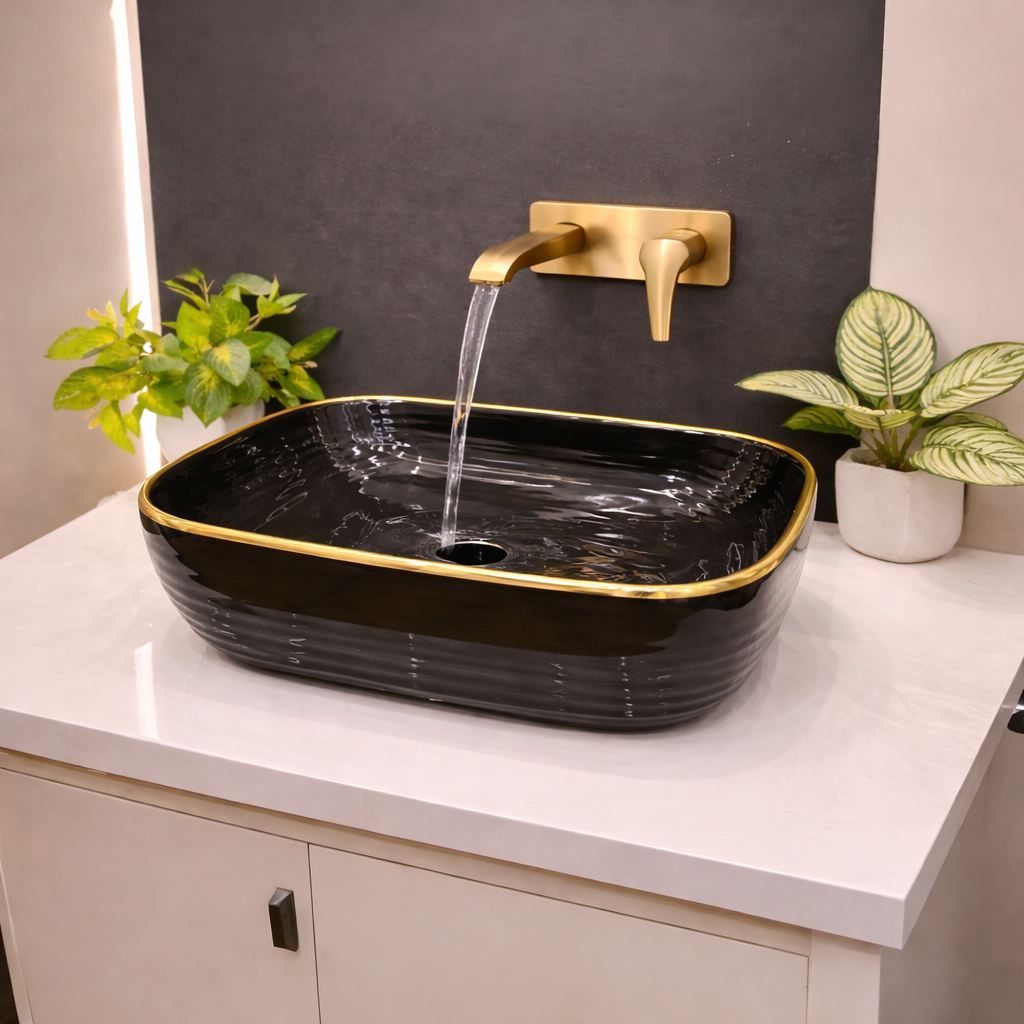 Black Mirror Gloss Finish Wall Mounted Stainless Steel Vanity SS304 (24x18.5 inch) "Complete Set"