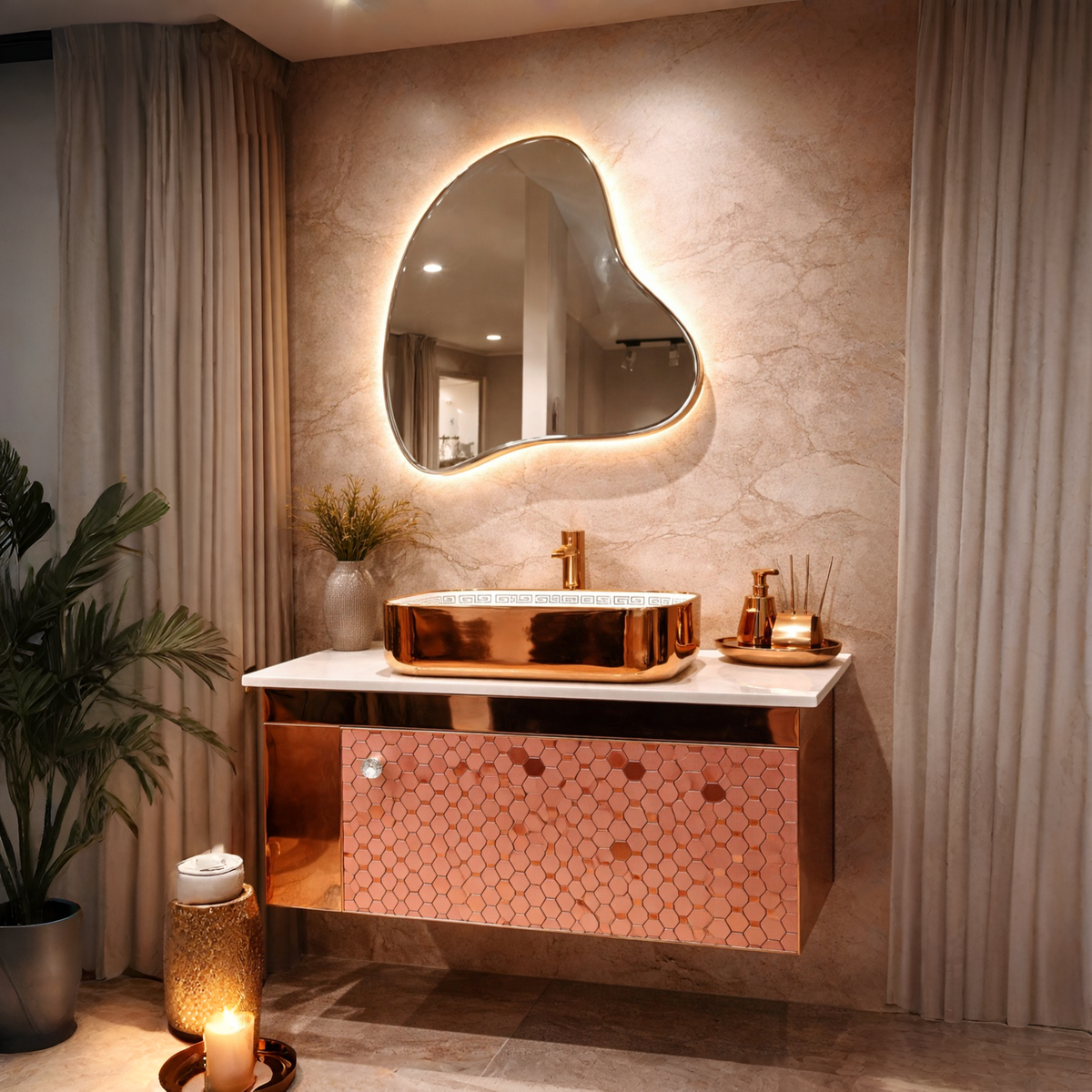 Premium Hexagon Pattern Wall Mounted Stainless Steel Vanity SS304 in Rose Gold Finish (24x18.5 inch) "Complete Set"