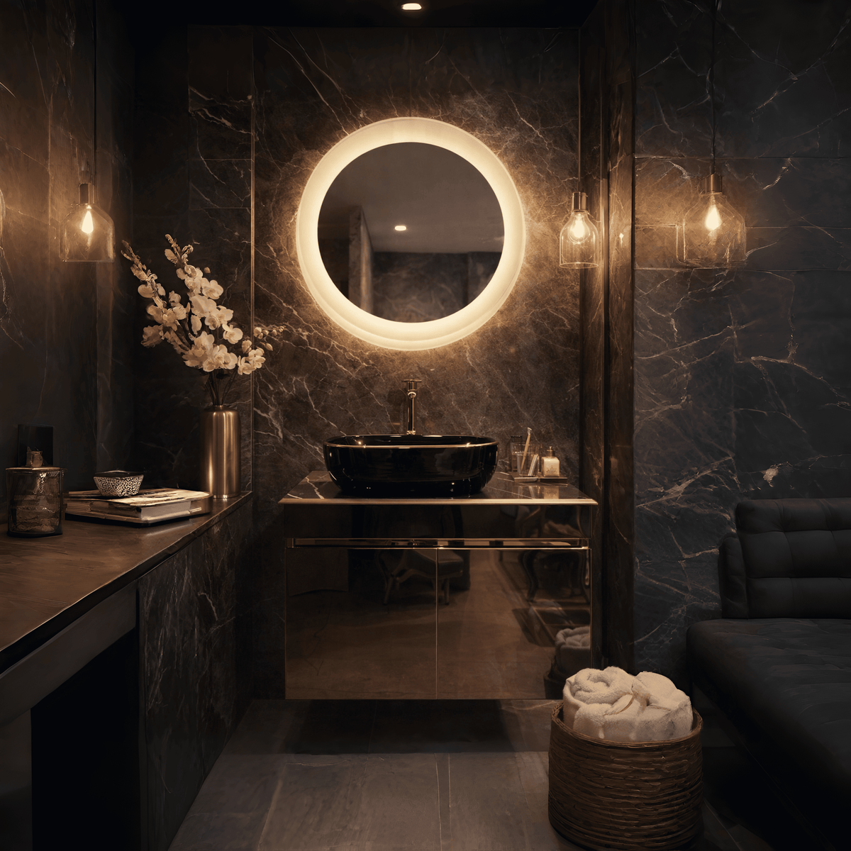 Black Mirror Gloss Finish Wall Mounted Stainless Steel Vanity SS304 (24x18.5 inch) "Complete Set"