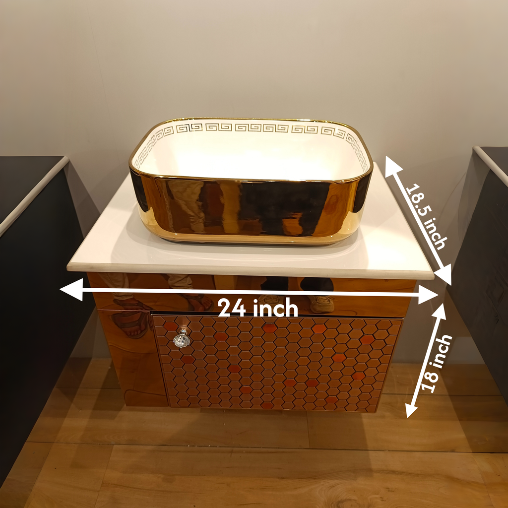 Premium Hexagon Pattern Wall Mounted Stainless Steel Vanity SS304 in Rose Gold Finish (24x18.5 inch) "Complete Set"