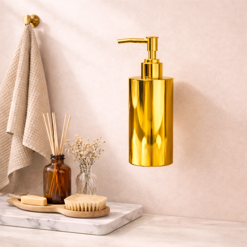 Premium Gold Finish Wall Mount Soap Dispenser – Stainless Steel, Anti-Rust, Easy Refill – Bathroom/Hotel/Office/School Use