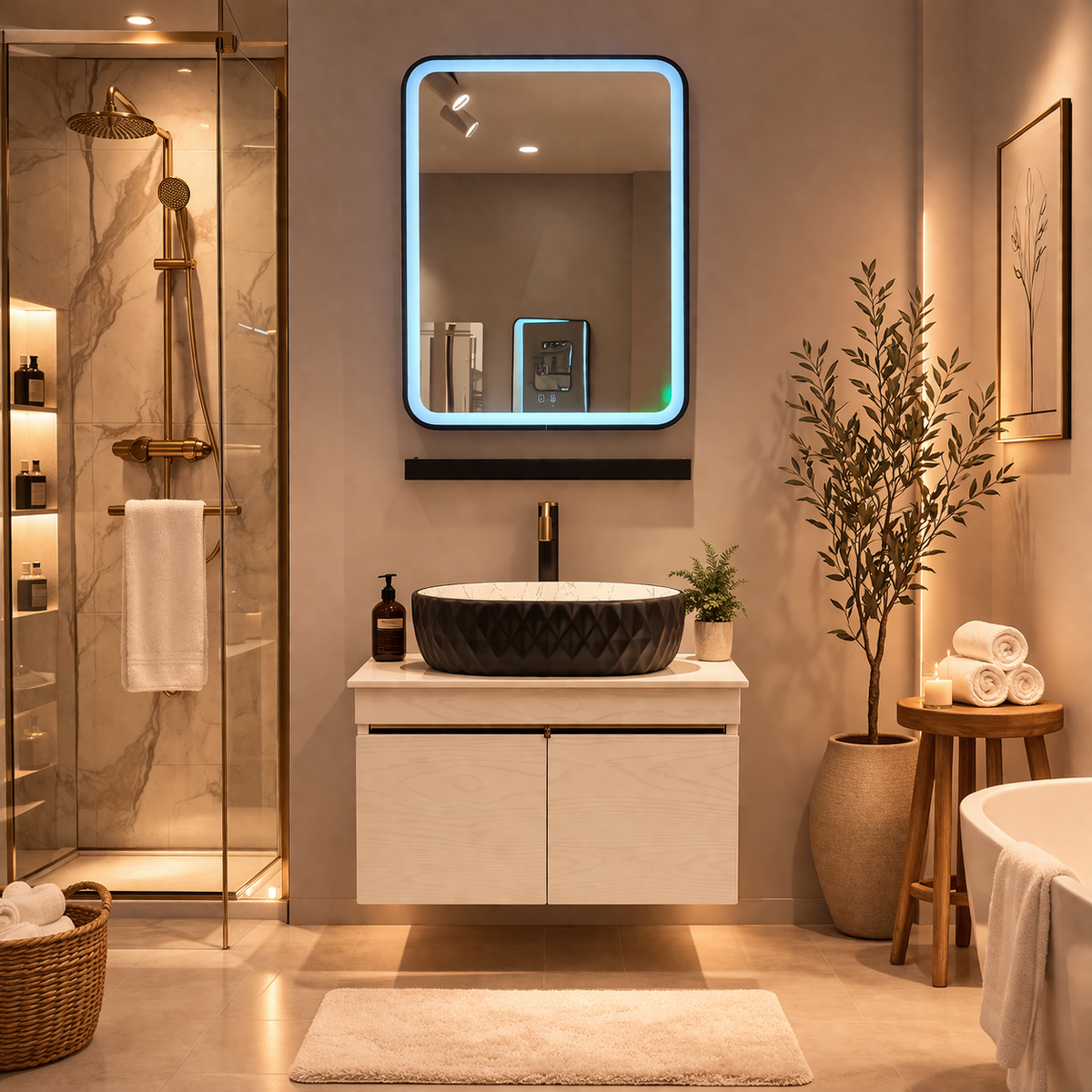 White with Pine wood Finish Wall Mounted Stainless Steel Vanity SS304 (24x18.5 inch) "Complete Set"