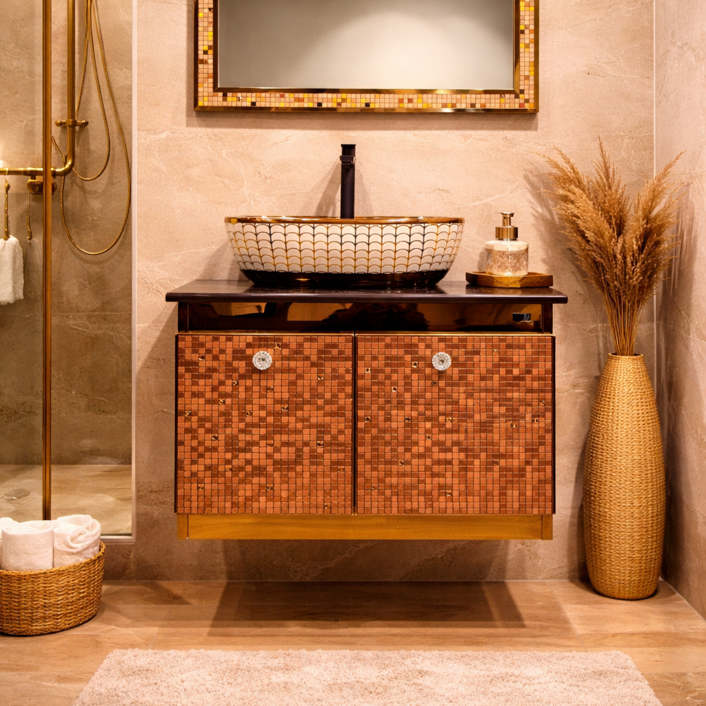 Premium Rose Gold Finish with Mosaic Pattern Wall Mounted Stainless Steel Vanity SS304 (24x18.5 inch) "Complete Set"