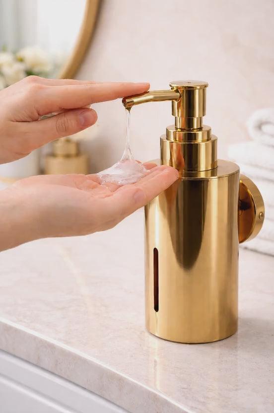 Premium Gold Finish Wall Mount Soap Dispenser – Stainless Steel, Anti-Rust, Easy Refill – Bathroom/Hotel/Office/School Use