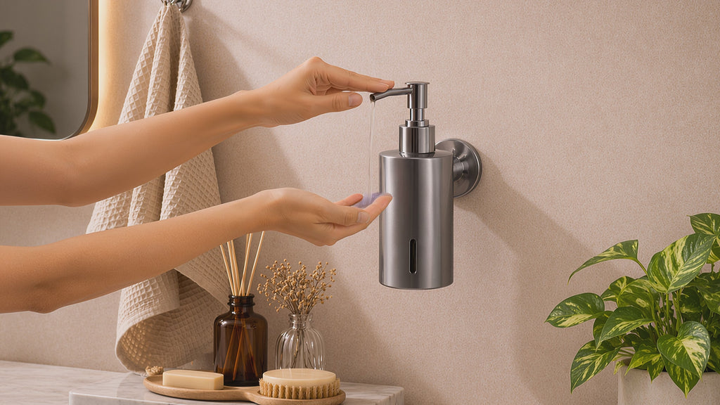 Satin Matt Finish Luxury Wall Mount Soap Dispenser – Stainless Steel, Anti-Rust, Easy Refill – Bathroom/Hotel/Office/School Use